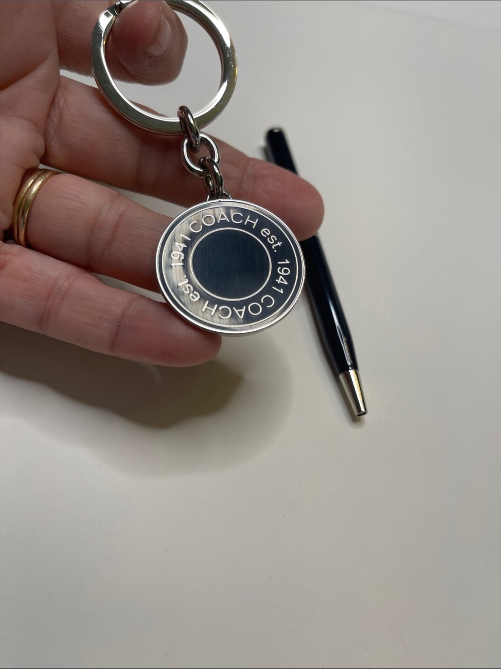 Coach Black Enamel and Silver-Tone Round Logo Key Ring and Coach Pen - Picture 2 of 6